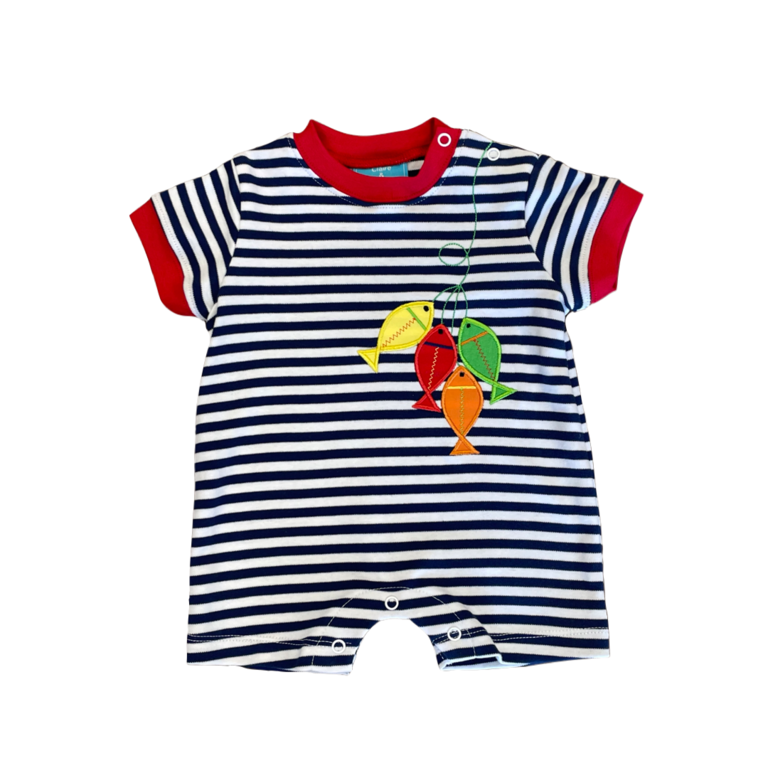 Claire and Charlie Navy Blue Stripe Fishing Lure Romper