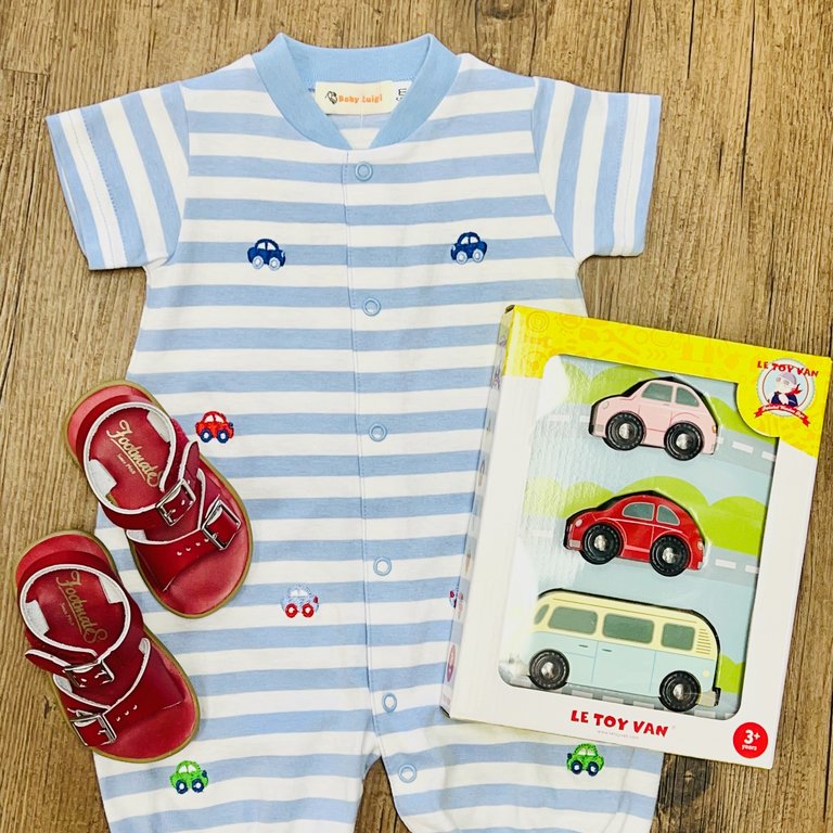 Luigi Blue And White Stripe Knit Romper With Cars