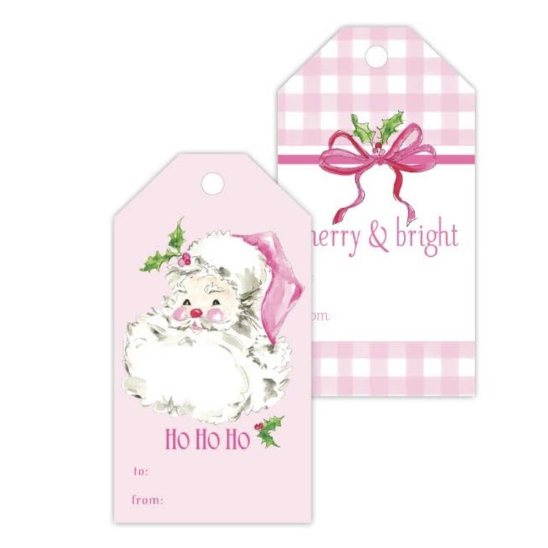 RosanneBeck Pink Santa/Bright Red Bow With Light Pink Gingham Gift Tag