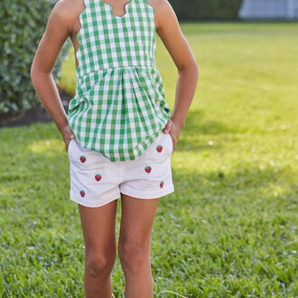 Little English Scallop Halter Top- Green Hills Check