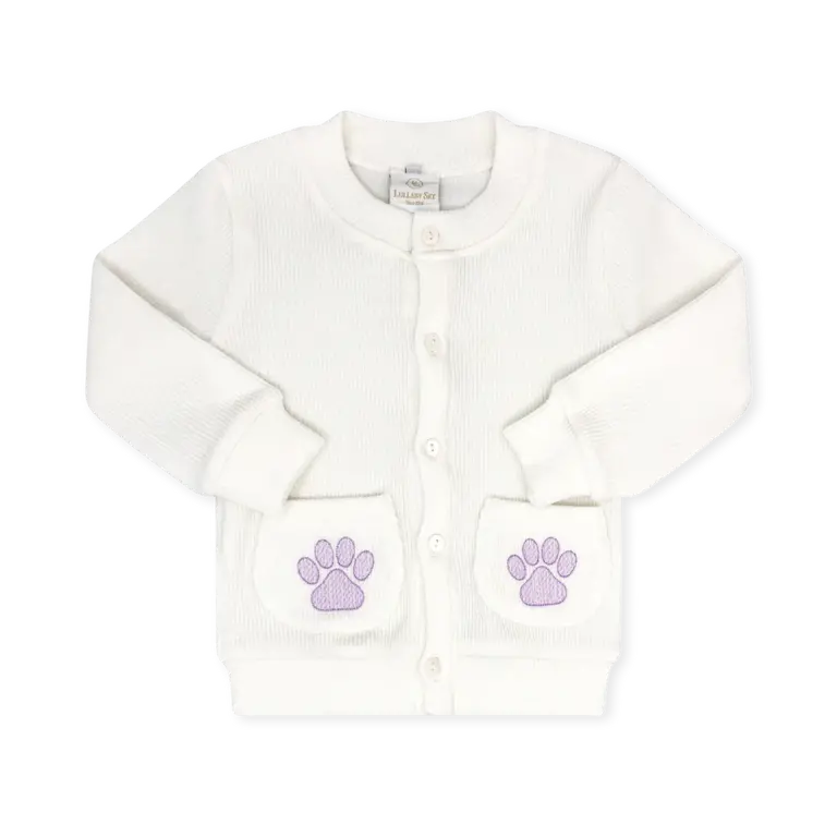 Lullaby Set Burrow Button Down Cardigan- White W/ Lavender Paw