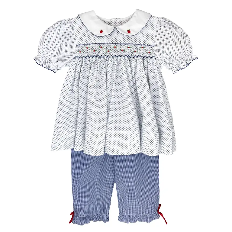 Petit Ami Smocked Apple White & Blue Dot Set