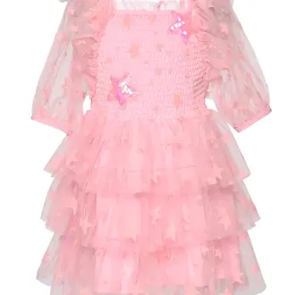 hannah banana Pink Three Tiered Star Mesh Dress