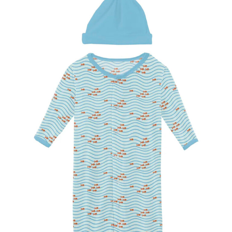 KicKee Pants Fresh Air Little Fishy Gown Converter & Single Knot Hat Set