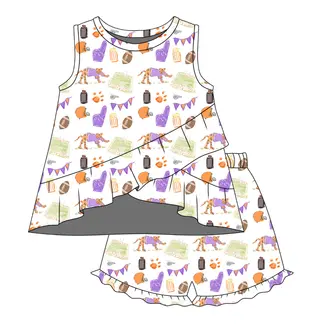 Three Little Ducks Rosie Ruffle Back Top with Sadie Claire Shorts- Game Day Tiger Paws