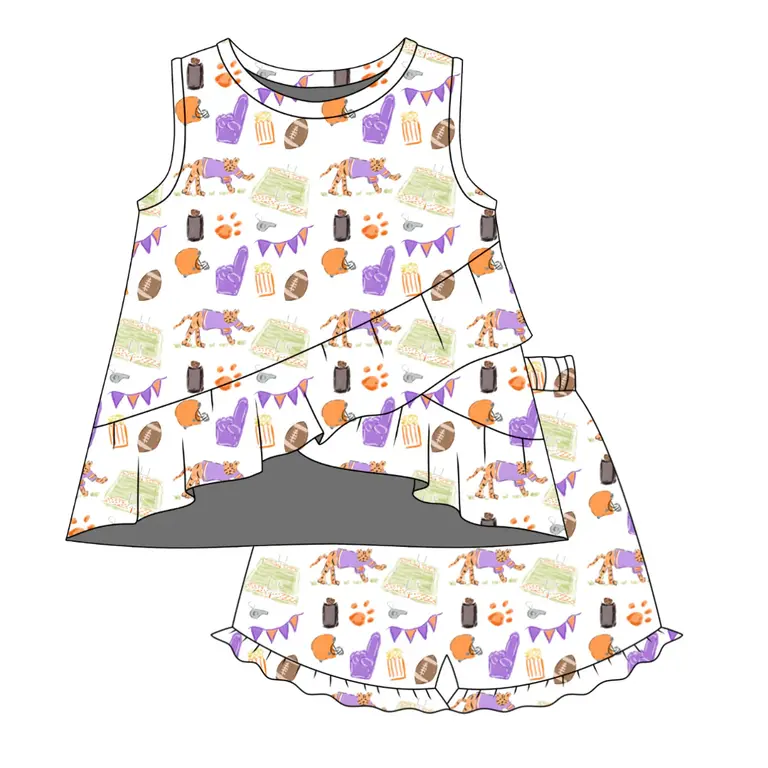 Three Little Ducks Rosie Ruffle Back Top with Sadie Claire Shorts- Game Day Tiger Paws
