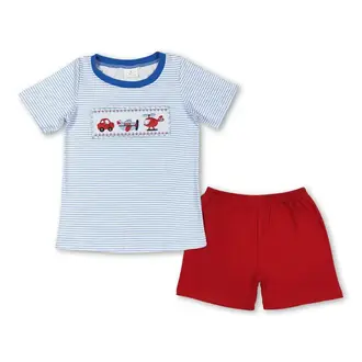 Yawoo Garments Blue Stripe Transportation Short Set