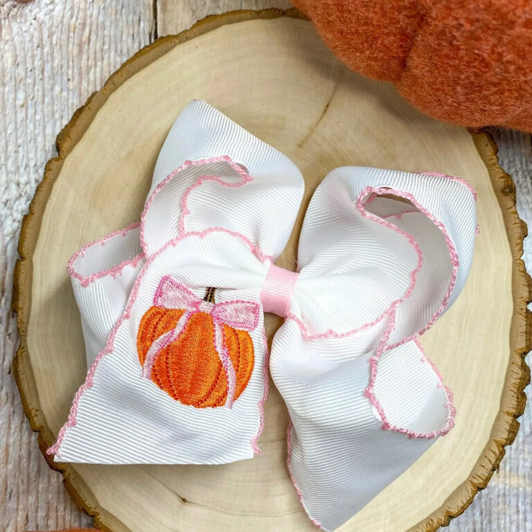 The Hair Bow Co. Pumpkin Embroidered  Moonstitch Bow