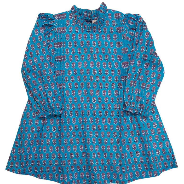 Smockingbird Sky Blue  Floral Block Print Dress