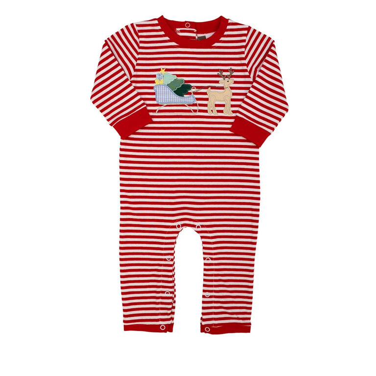 Banana Split Christmas Sleigh Red Stripe Romper