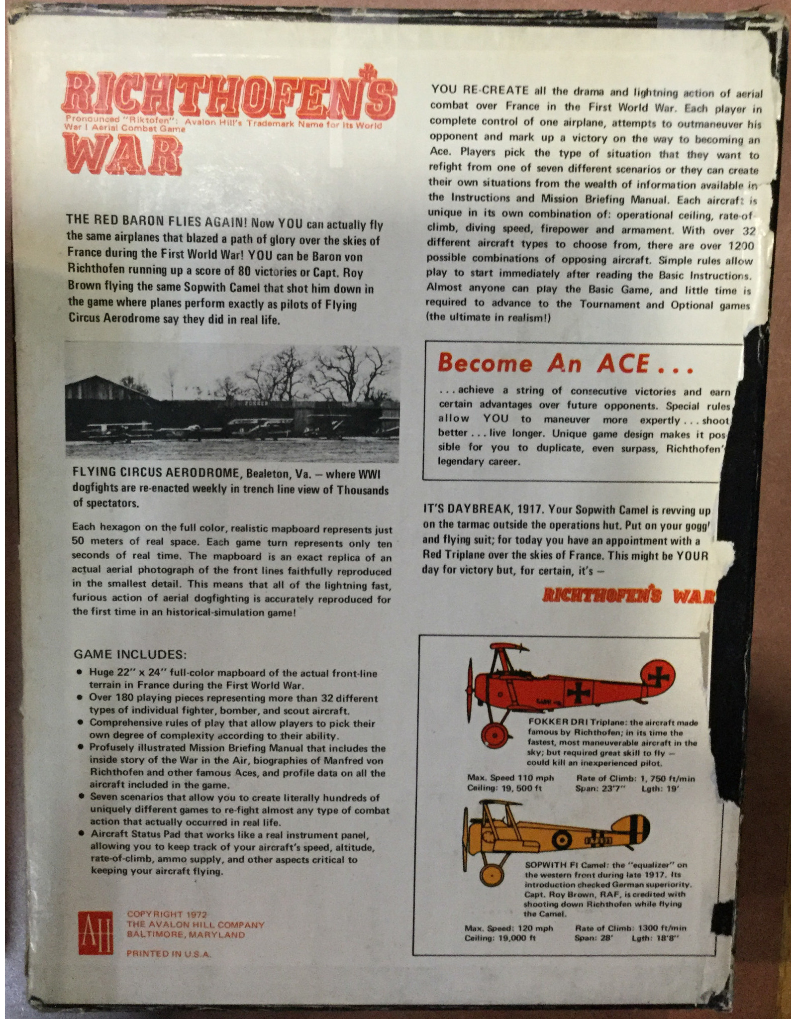 Avalon Hill Game Company Righthofen's War (1972)