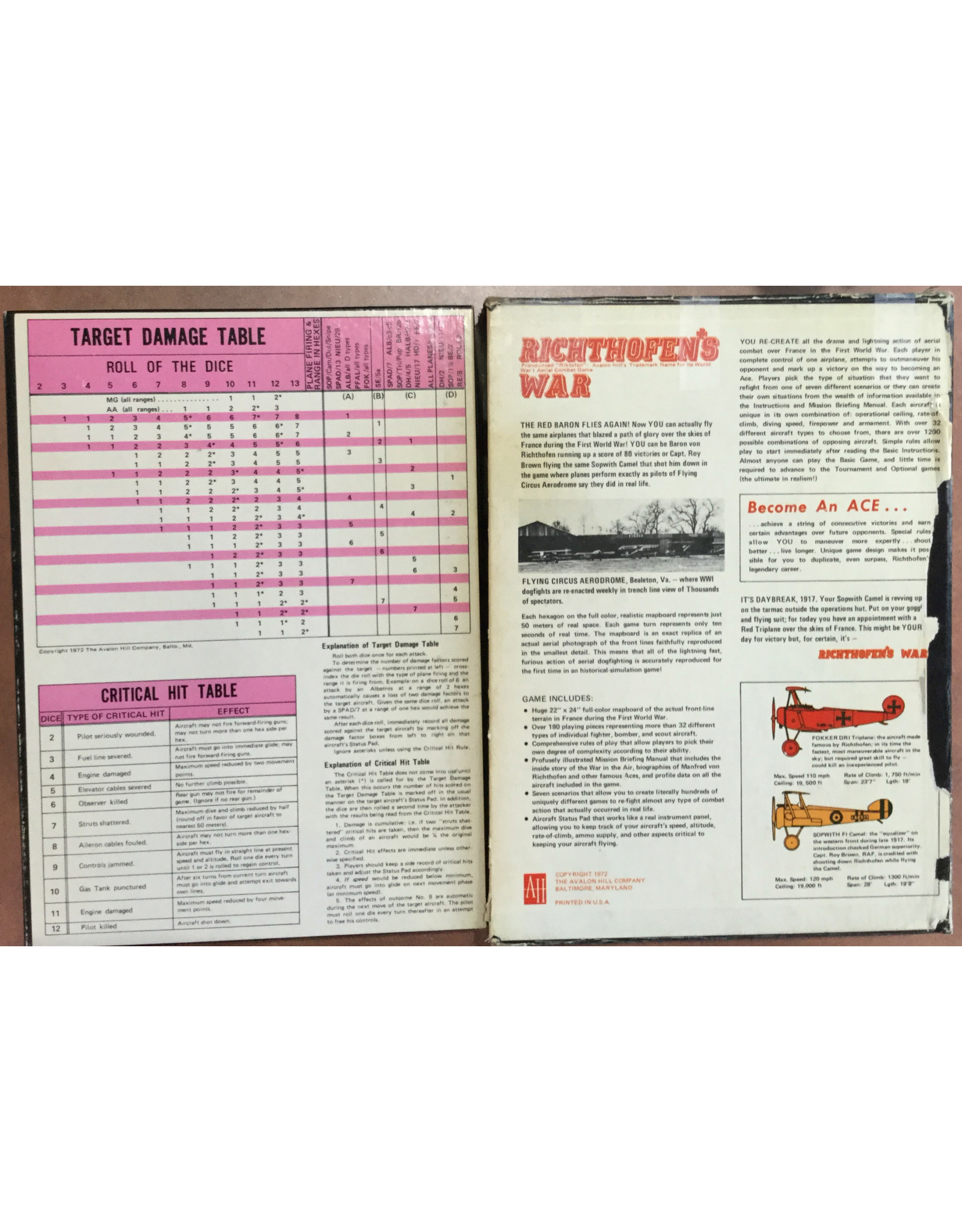 Avalon Hill Game Company Richthofen's War: The Air War 1916-1918 (1972) (used)