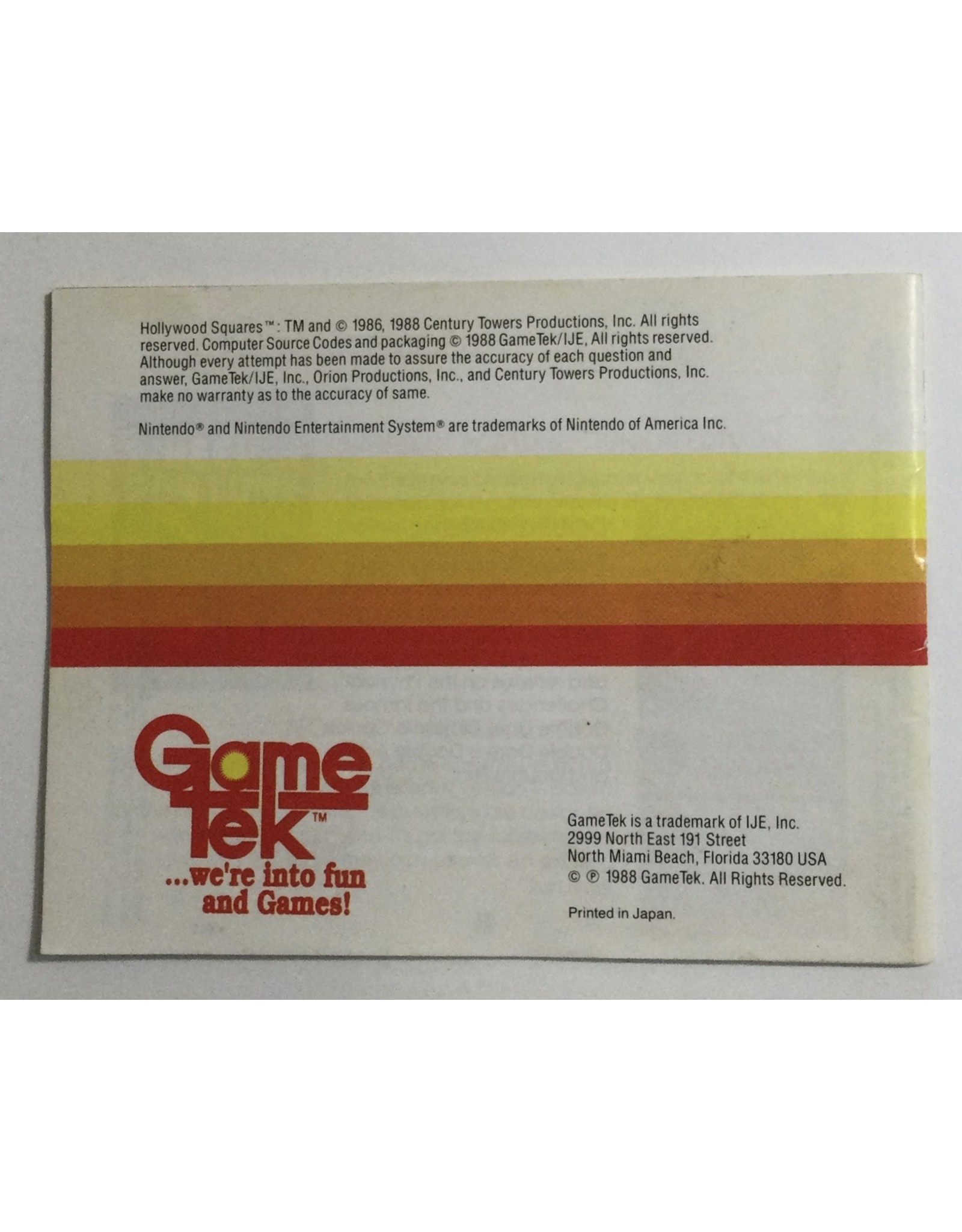 GAMETEK Hollywood Squares for Nintendo Entertainment system (NES)