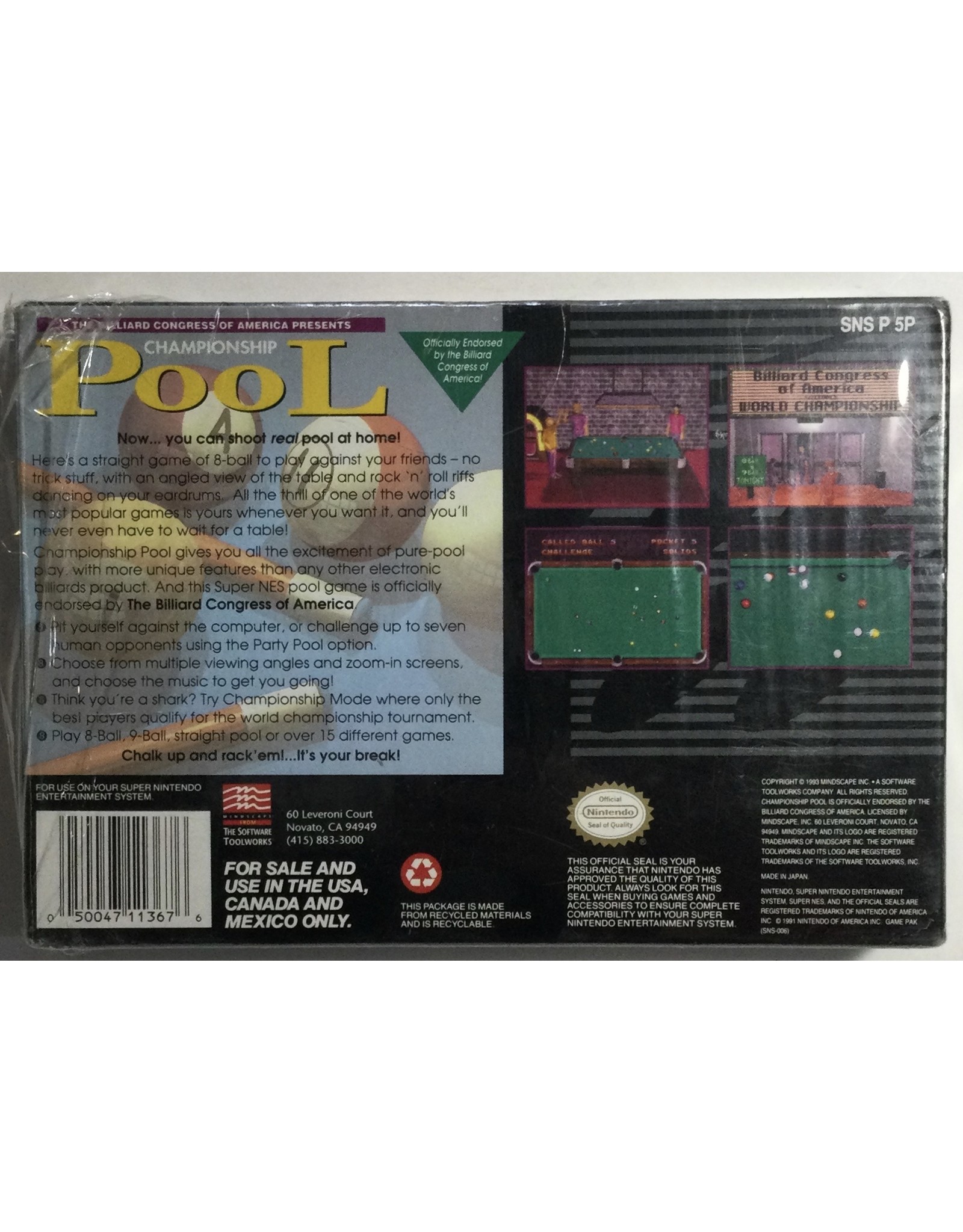 MINDSCAPE INC. Championship Pool for Super Nintendo Entertainment System (SNES) - CIB