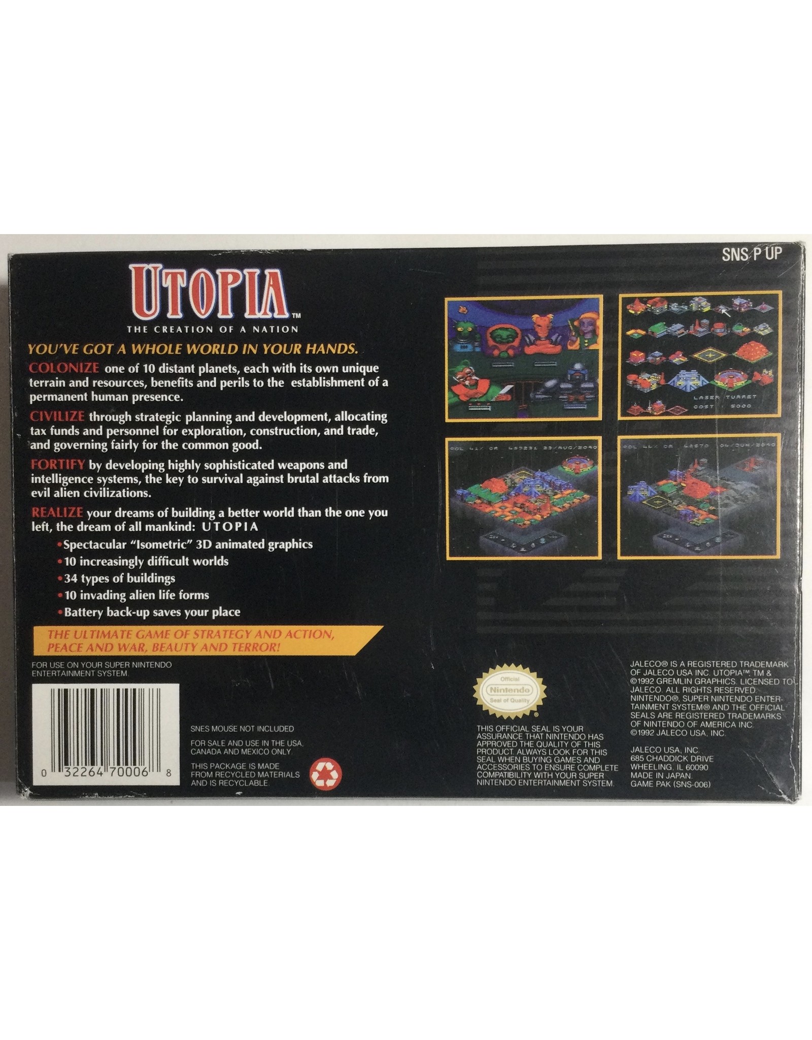 JALECO Utopia The Creation of a Nation for Super Nintendo Entertainment System (SNES)