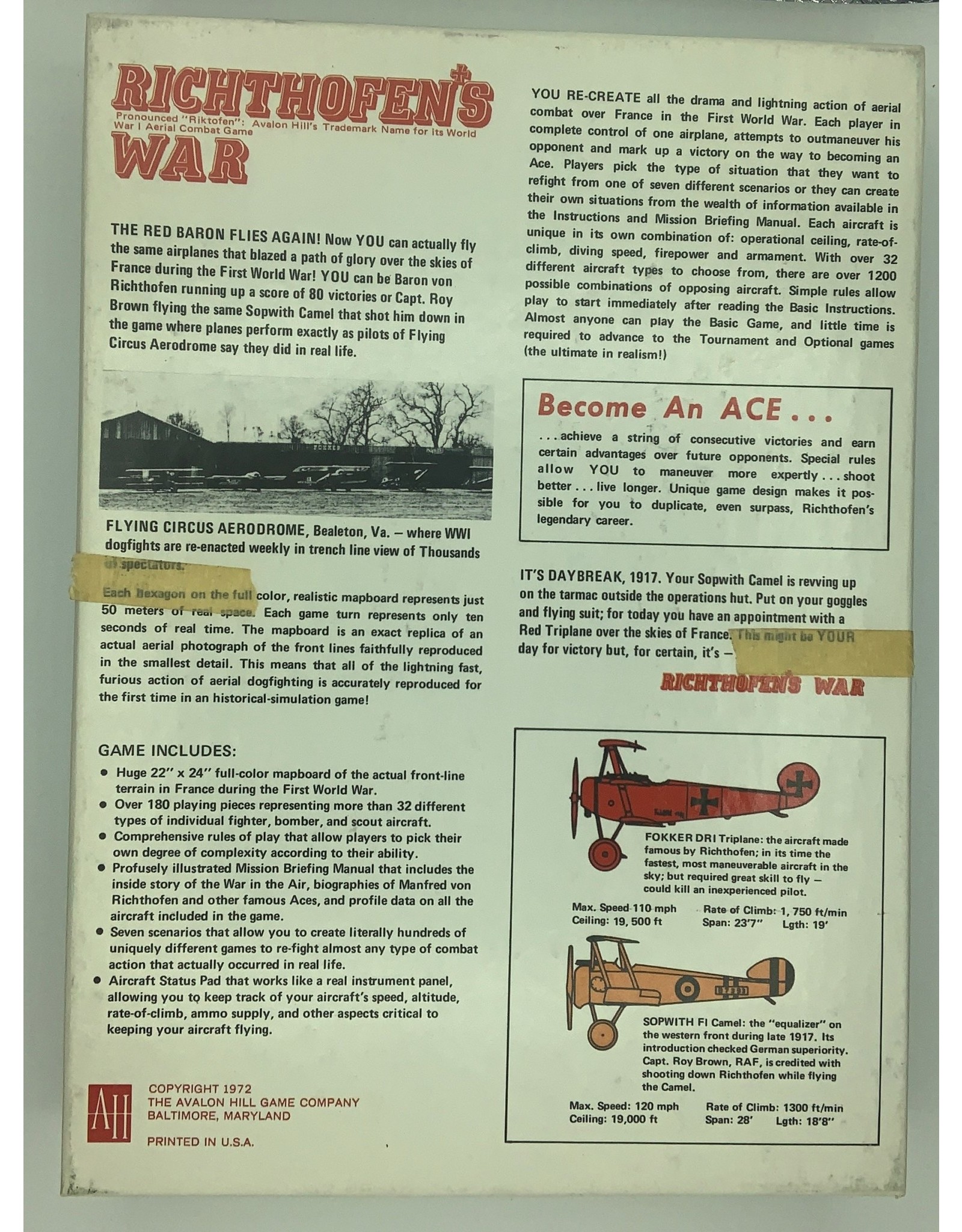 Avalon Hill Game Company Richthofen's War: The Air War 1916-1918 (1972) (used)