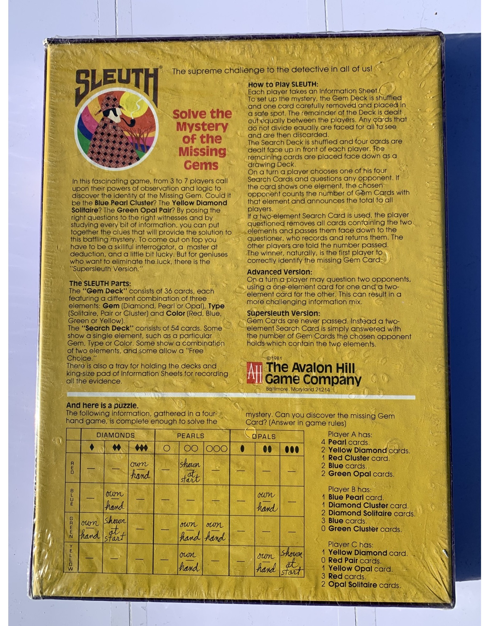Avalon Hill Game Company Sleuth (1971)  (Made in 1981) (NIS)