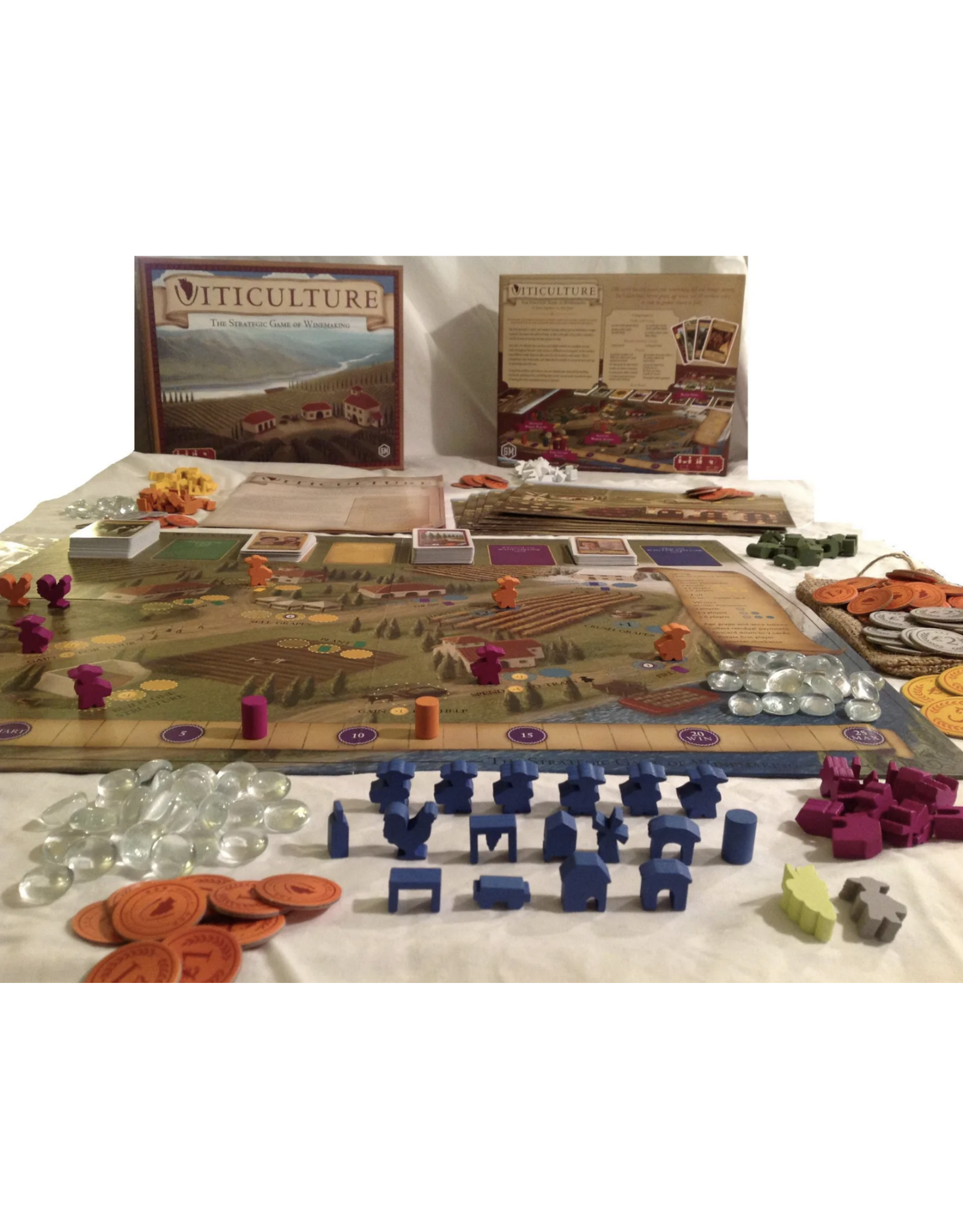 Stonemaier Viticulture Essential Edition (2015) Bundle, Tuscany Essential Edition, Viticulture World, Moor Visitors Expansion, Visit from the Rhine Valley, Wine Crate and MDG sleeves