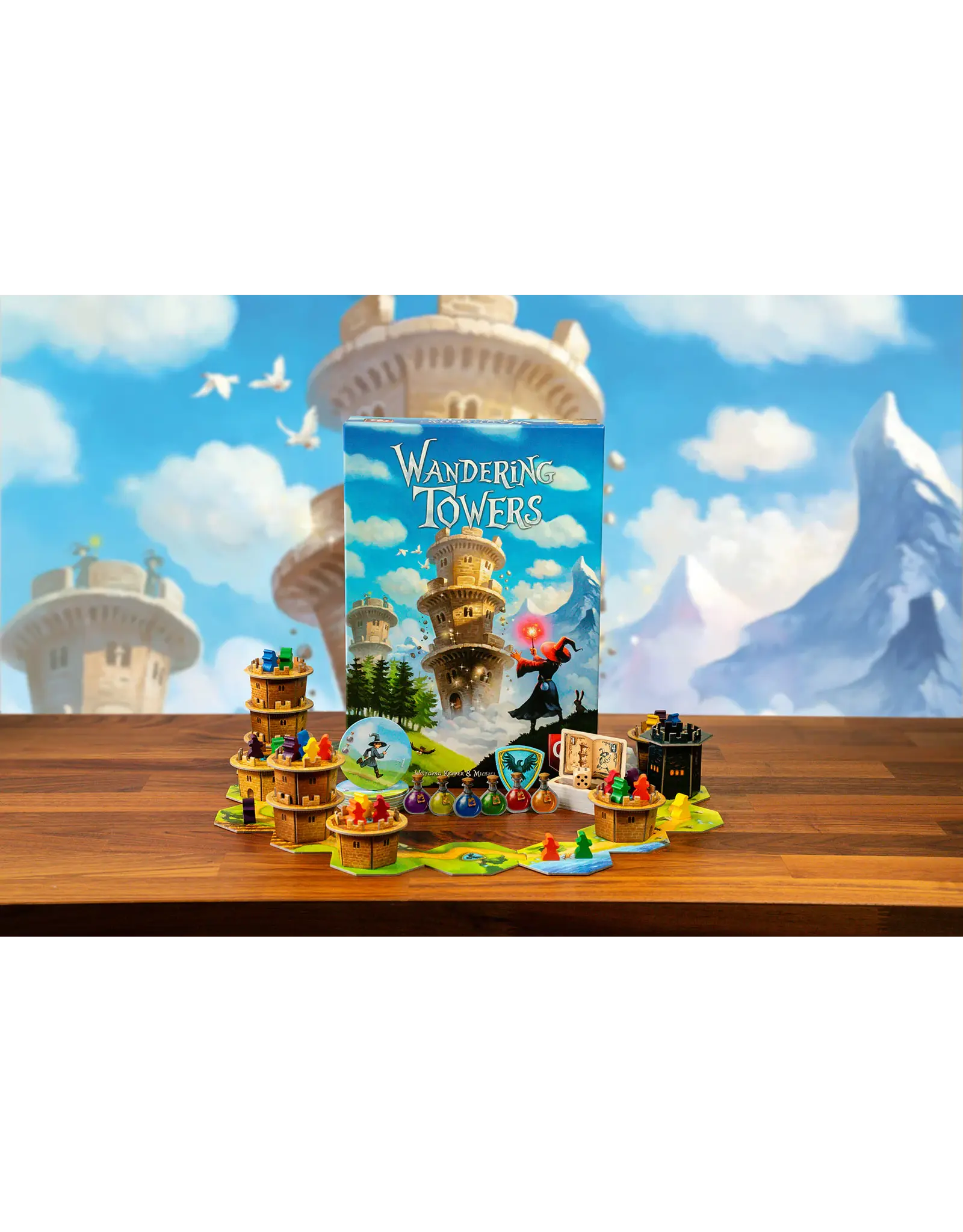 Capstone Games Wandering Towers (2022) Bundle With Base Game, Playmats, Mini Spells 1 expansion and Sleeves.