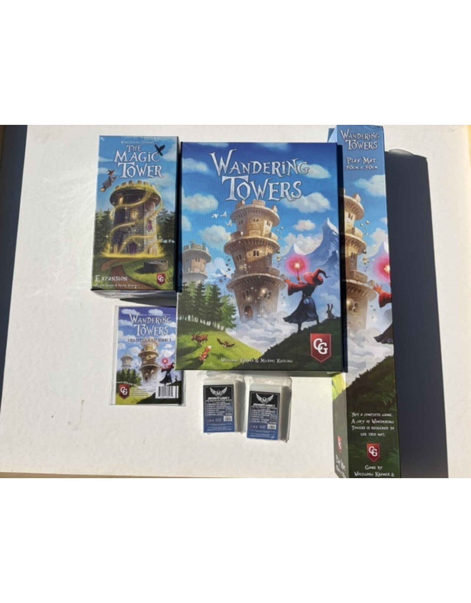 Capstone Games Wandering Towers (2022) Bundle With Base Game + Playmats + Mini Spell 1 Expansion +The Magic Tower (NIS) Fully Sleeved