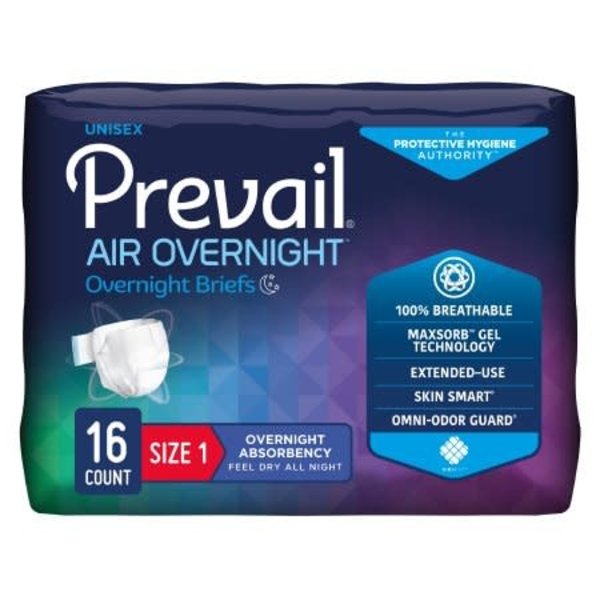 Prevail First Quality NGX-012 Unisex Adult Incontinence Brief Prevail Air™ Overnight Size 1 Disposable Heavy Absorbency, 26-48", 16/Pack