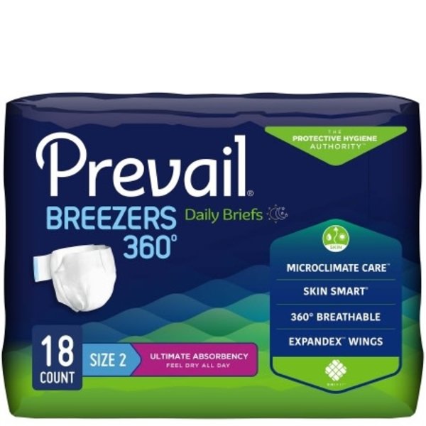 Prevail Unisex Adult Incontinence Brief Prevail® Breezers 360°™ Size 2 Disposable Heavy Absorbency, Size 2, 18/Bag