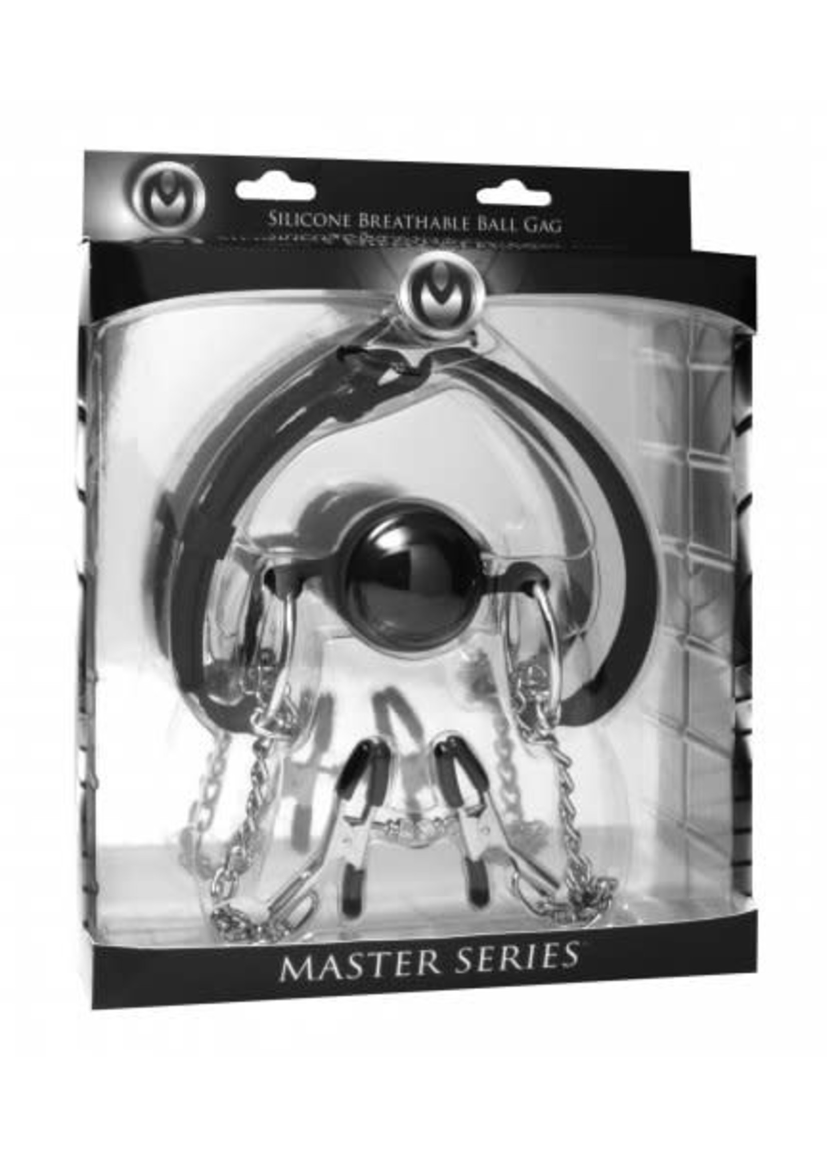 XR Brands Master Series Hinder Silicone Breathable Ball Gag And Nipple Clamps Black