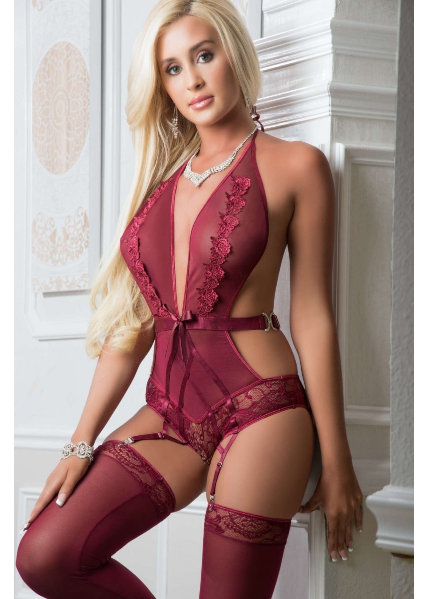 2pc Embroidered Plunging Halter Teddy