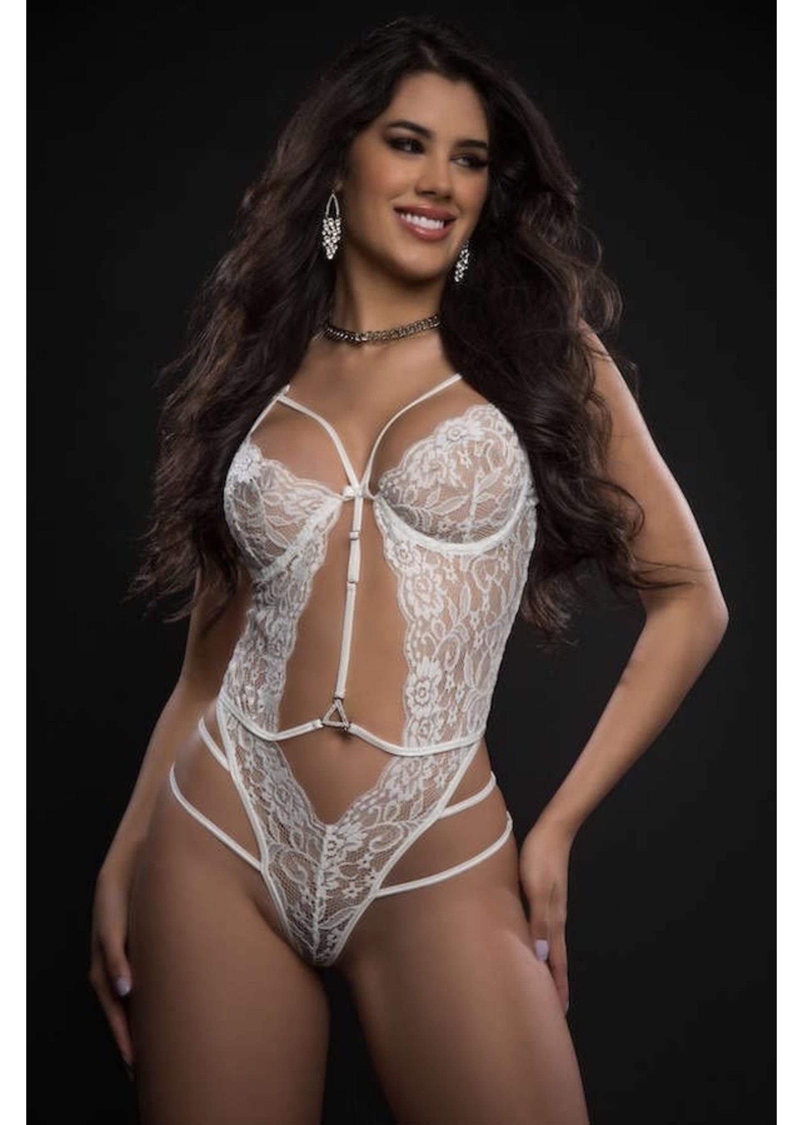 1pc Floral Sheer Lace Plunge Teddy