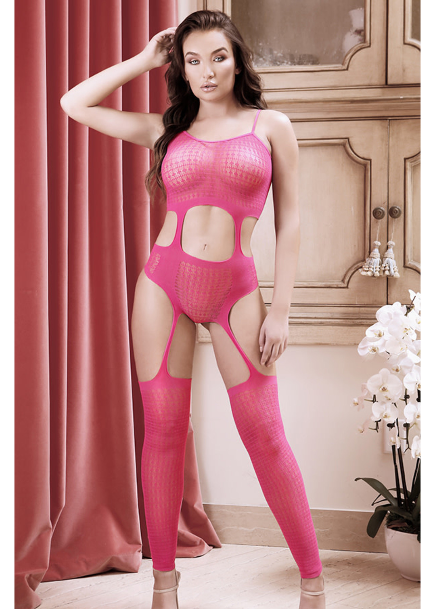 Sheer Fantasy Afterglow Cutout Teddy with Attached Footless Stockings