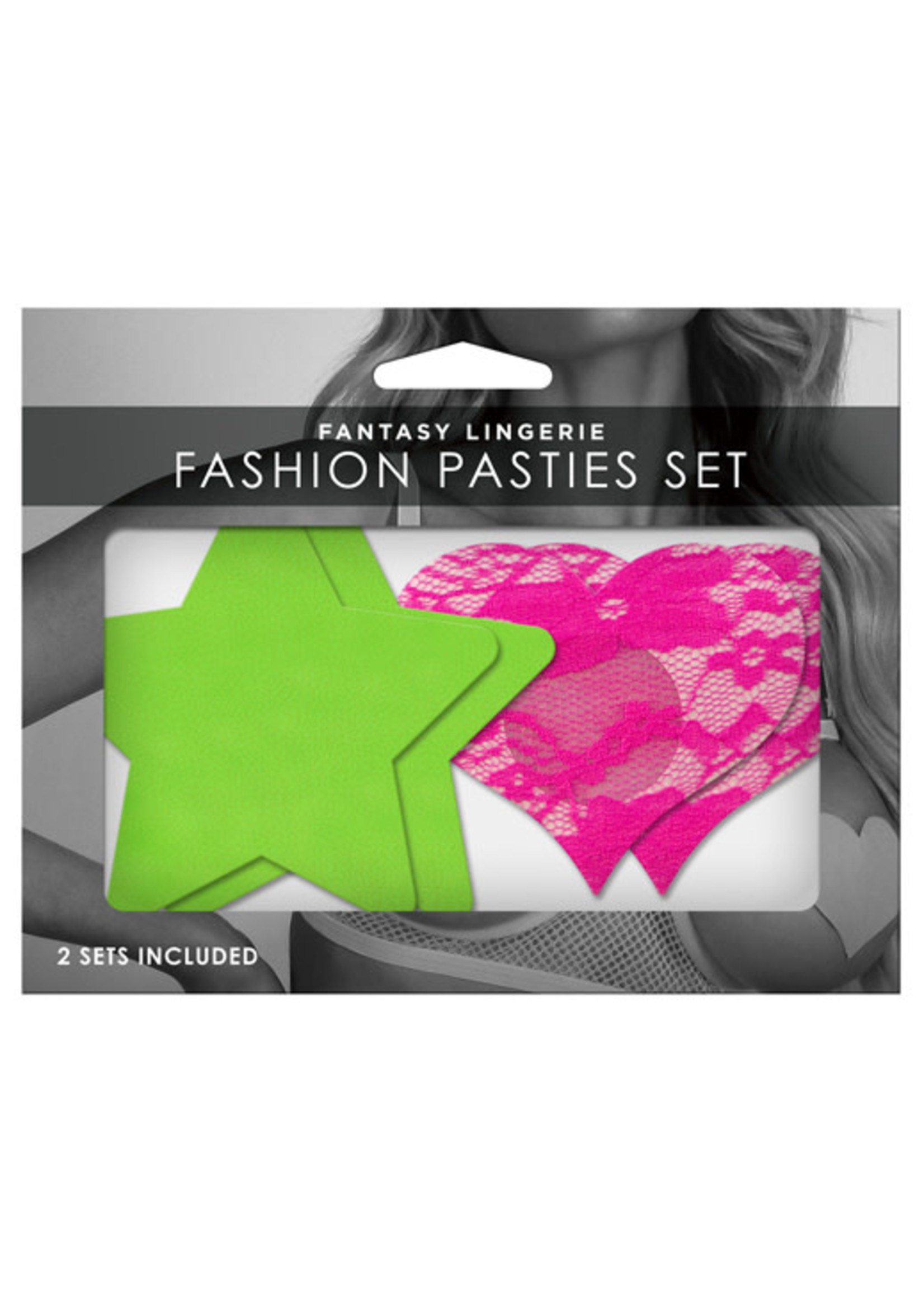 Glow Fashion Pasties Set: Neon Green Solid Star, Neon Pink Lace Heart