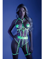 Glow In A Trance Crotchless Teddy with Leg Garters