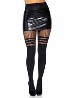 Leg Avenue Seamless Opaque Faux Thigh High Tights with Striped Fishnet Tights Accent