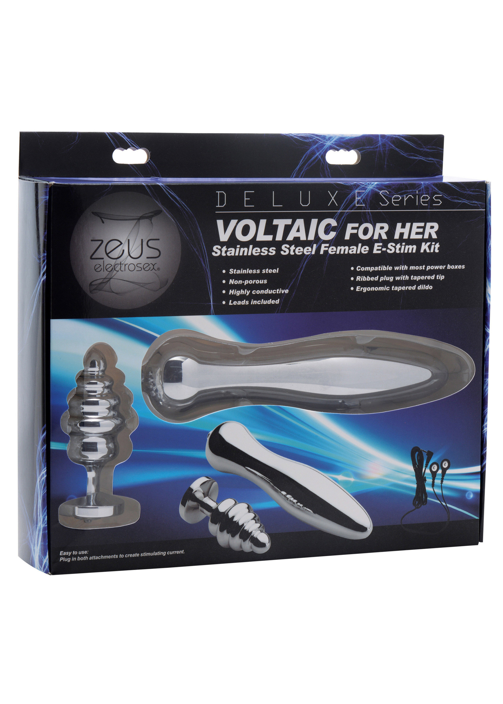 XR Brands Zeus Electrosex Deluxe Series Voltaic For Her Stainless Steel Female E-Stim Kit Silver