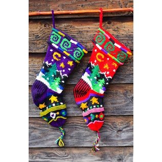 Hand Knit Christmas Stocking -  Mountain Tree Design - Purple
