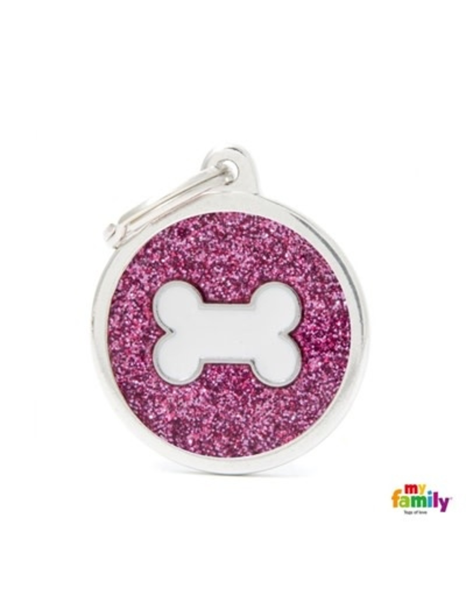 MyFamily Tag - Pink Big Glitter Circle with White Bone