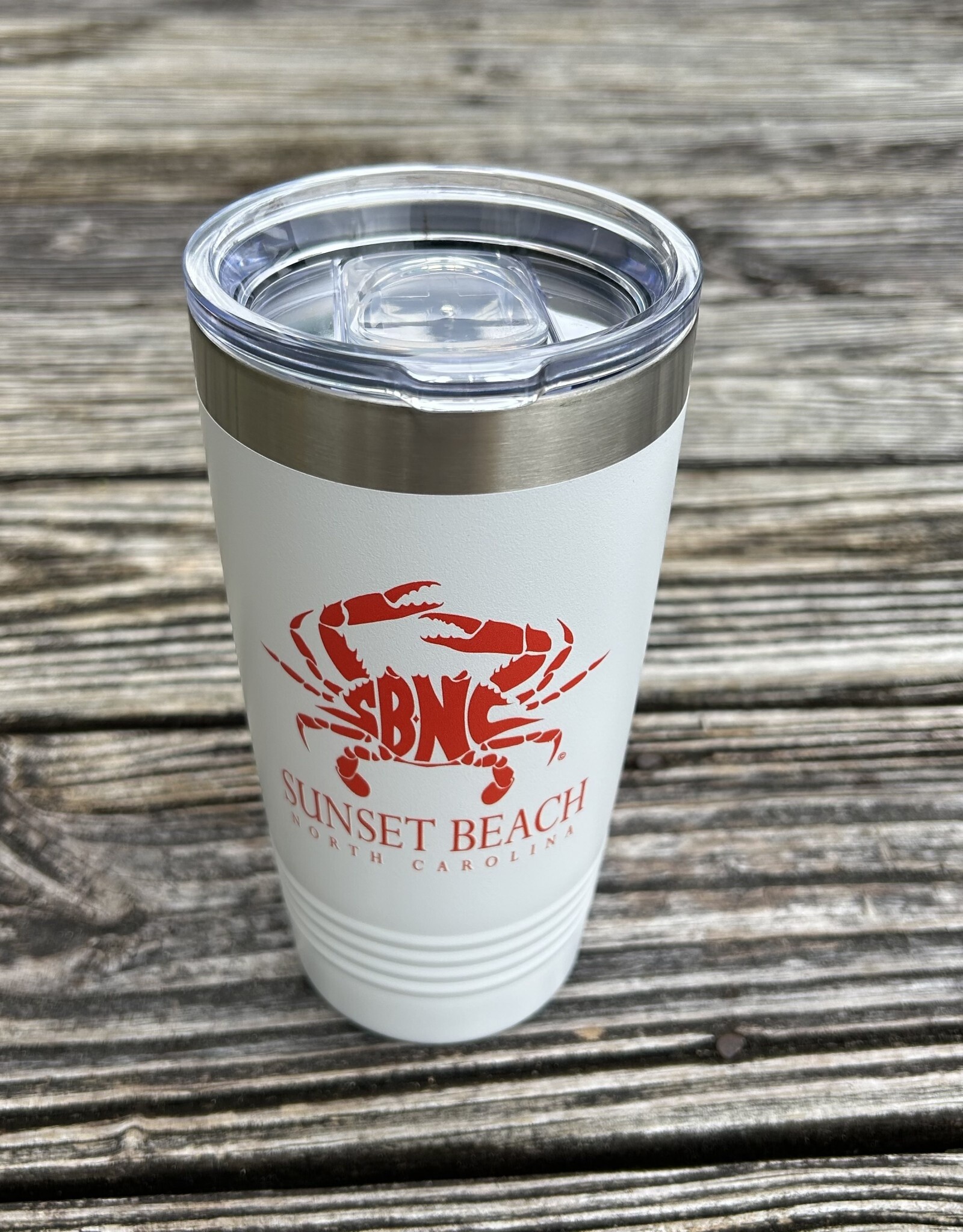 SBNC CRAB CLASSIC 20oz TUMBLER WHITE W/RED INK - Sunset Beach Trading  Company