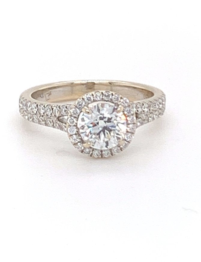 Diamond (0.99 ct center, 2.00 ctw) halo engagement ring, 18k & 14k white gold