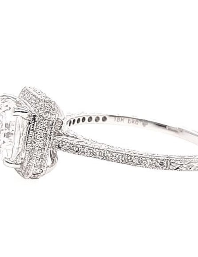 Diamond (0.21 ctw) square beaded halo setting, 18k white gold, shown with a cz center, center stone not included