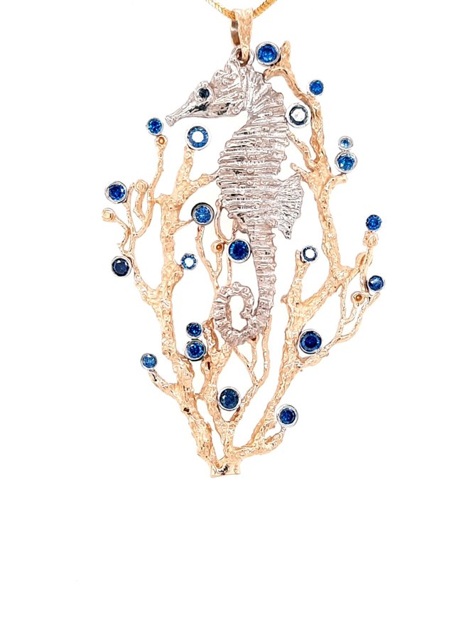 Blue diamond (1.04 ctw) "Seahorse" pendant, 14k white & yellow gold