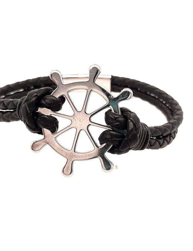 Men's 8.5" black leather bracelet with stainless steel Captain's wheel clasp