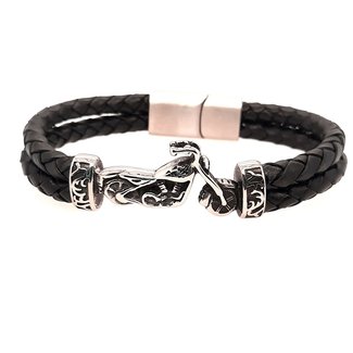 Men's 8.5" black leather bracelet with stainless steel Harley clasp