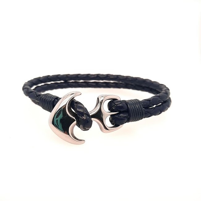 Men's 8.5" blue leather braided bracelet with stainless steel anchor clasp