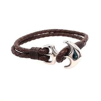 Men's 8.5" brown leather braided bracelet with stainless steel anchor clasp