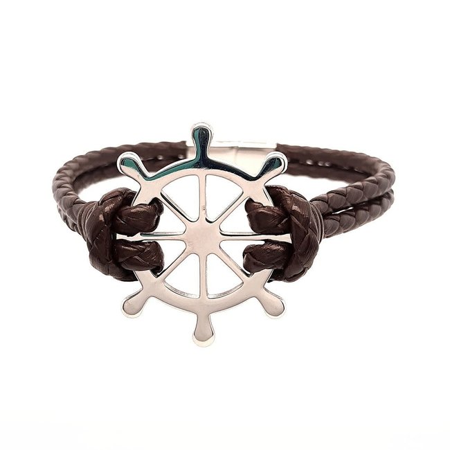 Men's 8.5" brown leather braided bracelet with stainless steel Captain's wheel clasp
