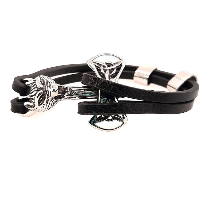 Men's 8.5" black leather "fox" bracelet, stainless steel clasp
