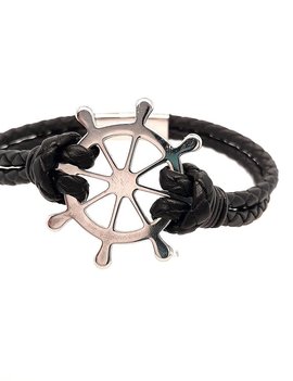 Men's 8.5" black leather  bracelet, stainless steel Captain's wheel  clasp