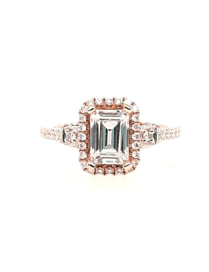 Emerald cut diamond (0.30 ctw) halo setting, 14k white & rose gold, shown with a cz, center stone not included