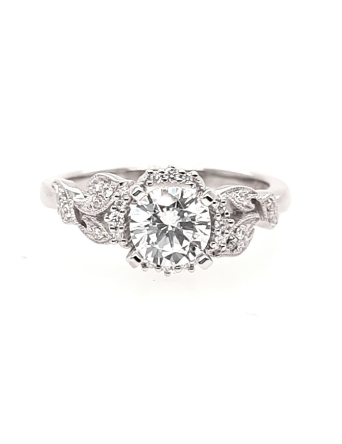 Diamond (0.10 ctw) sculpted setting, 14k white gold, shown with a cz, center stone not included