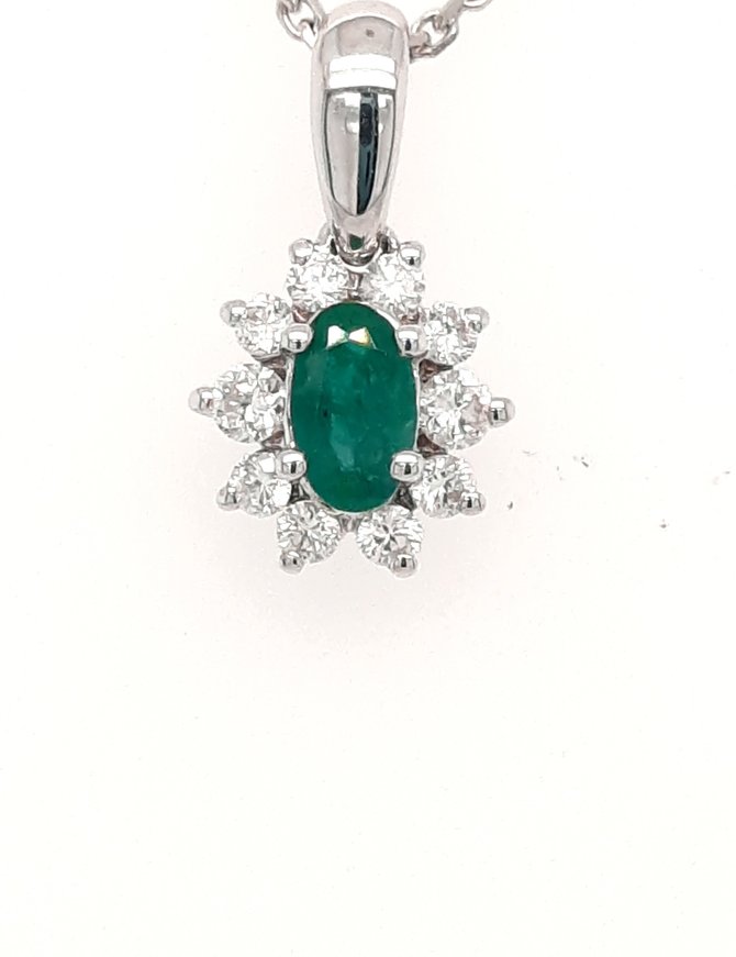 Emerald (0.18 ct) & diamond (0.16 ctw) oval halo pendant